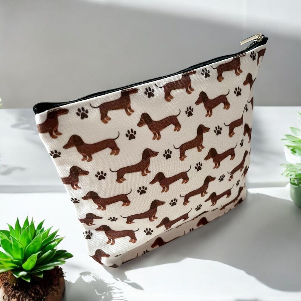 Cute Cartoon Dachshund Doxie Sausage Dog Print Toiletry Cosmetic Pouch Bag with